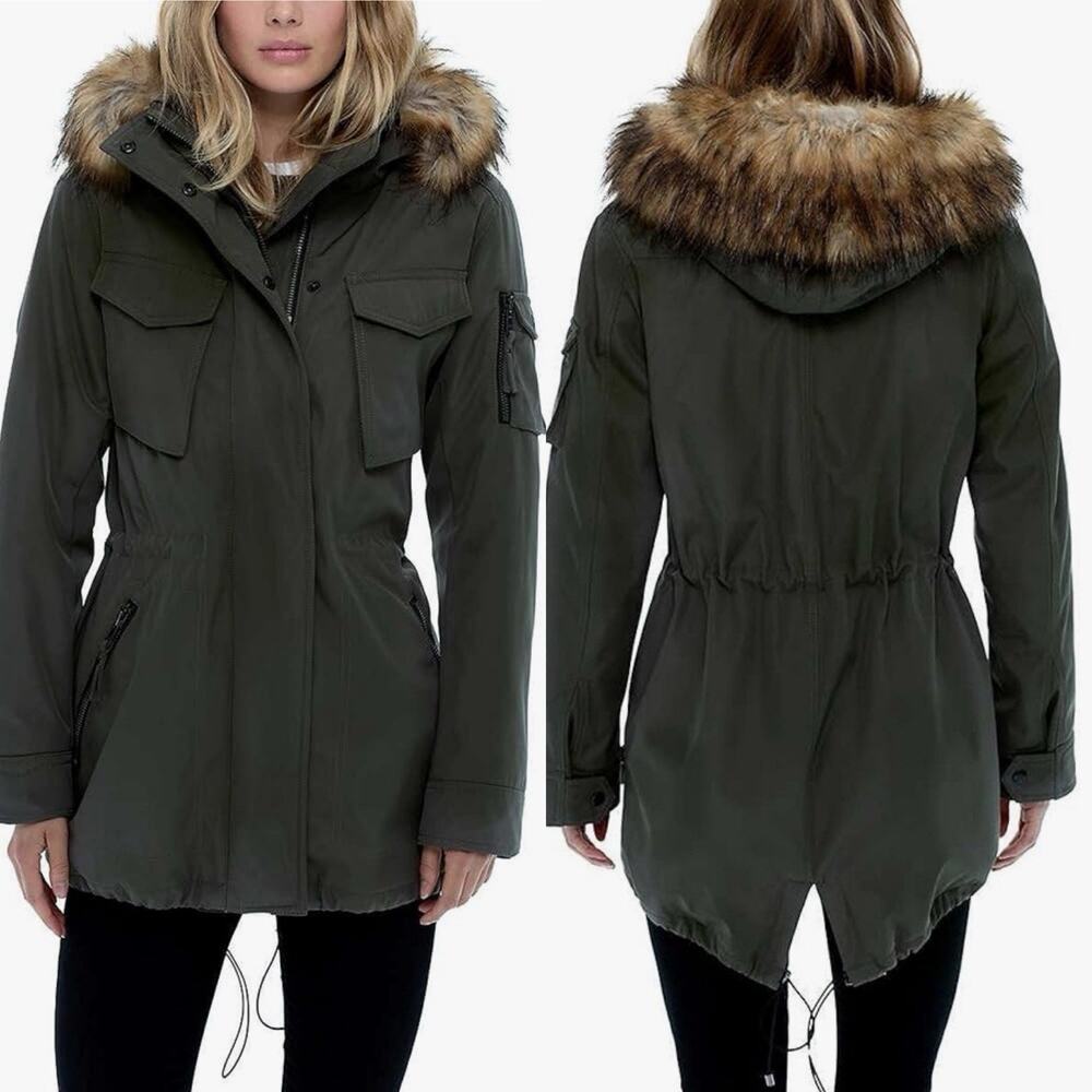 S13 Faux Fur Lined Utility Parka Jacket Womens S Small Olive Green